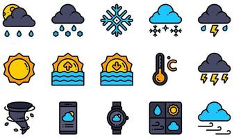 set van vector iconen met betrekking tot het weer. bevat pictogrammen als ijzel, besneeuwd, storm, zonsopgang, zonsondergang, onweer en meer.