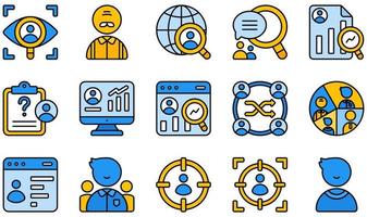 set van vector iconen met betrekking tot marktonderzoek. bevat iconen als observatie, online enquête, kwalitatief, kwantitatief, onderzoek, segmentatie en meer.