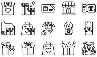 set van vector iconen gerelateerd aan cadeau. bevat pictogrammen zoals geschenkdoos, cadeaubon, cadeaubon, lolly, mobiele telefoon, ring en meer.