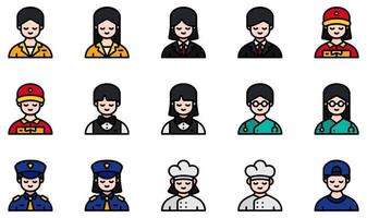 set van vector iconen gerelateerd aan avatars. bevat iconen als receptie, zakenvrouw, barman, dokter, politie, chef-kok en meer.