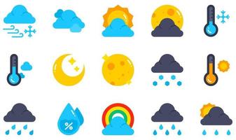 set van vector iconen met betrekking tot het weer. bevat pictogrammen als sneeuwstorm, wolk, bewolkte dag, bewolkte nacht, koud, koel en meer.