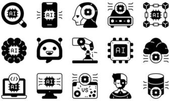set van vector iconen gerelateerd aan kunstmatige intelligentie. bevat iconen als analyse, kunstmatige intelligentie, blockchain, hersenen, chatbot, codering en meer.