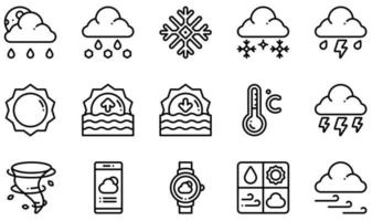 set van vector iconen met betrekking tot het weer. bevat pictogrammen als ijzel, besneeuwd, storm, zonsopgang, zonsondergang, onweer en meer.