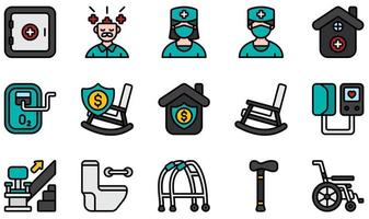 set van vector iconen gerelateerd aan verpleeghuis. bevat iconen als geestelijke gezondheid, verpleegster, verpleeghuis, pensionering, schommelstoel, trap en meer.