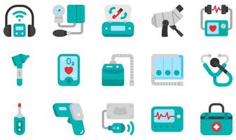 set van vector iconen met betrekking tot medische apparatuur. bevat pictogrammen zoals audiometer, bloeddruk, centrifuge, colposcoop, defibrillator, otoscoop en meer.