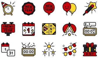 set van vector iconen gerelateerd aan het nieuwe jaar. bevat pictogrammen zoals badge, ballon, kalender, kaart, aftellen, vuurwerk en meer.