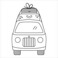 vector zwart-wit toeristenbusje met koffers bovenop. leuke omtrek camper. lijn kunst camping auto illustratie. lineaire reis voertuig concept. grappig vrachtwagenpictogram met tassen