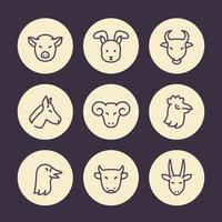 boerderijdieren lijn iconen set, geit, ram, kip, gans, varken, konijn, stier, paard, koe hoofd vector