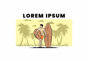 de shirtloze man met een surfplankillustratie vector