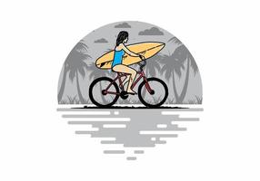 illustratie van een vrouw die gaat surfen op een fiets vector