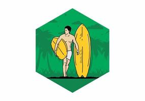 de shirtloze man met een surfplankillustratie vector