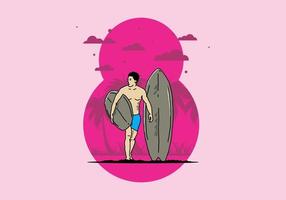 de shirtloze man met een surfplankillustratie vector