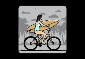 illustratie van een vrouw die gaat surfen op een fiets vector