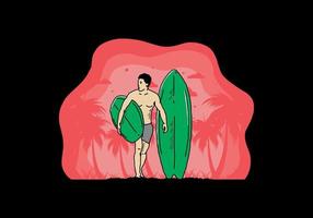 de shirtloze man met een surfplankillustratie vector