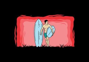 de shirtloze man met een surfplankillustratie vector