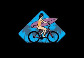 illustratie van een vrouw die gaat surfen op een fiets vector