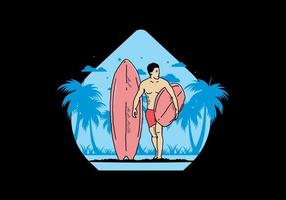 de shirtloze man met een surfplankillustratie vector