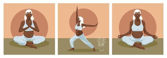 zwangere vrouw die yoga beoefent en mediteert. concept voor yoga, meditatie, gezondheid, zorg, zwangerschap. set van 3 yogahoudingen voor zwangere vrouwen, prenatale oefeningen. vectorillustratie. vector