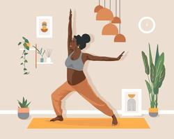 zwangere vrouw die yoga doet in haar kamer of appartement. concept van een gezonde zwangerschap. gezellige kamer interieur achtergrond met planten en foto's. zwarte vrouw karakter doet yoga thuis. vector illustreren.