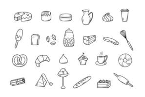 vectorelementen van zoete snacks en gebak, koffiegerechten. uitstekend geschikt voor het decoreren van cafés en menu's. doodle pictogramstijl vector