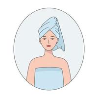 een jonge mooie vrouw met een handdoek op haar hoofd. vectorillustratie van het concept van schoonheid, hygiëne vector