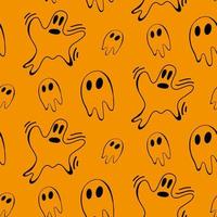 vector halloween ghost naadloze patroon geïsoleerd op een oranje achtergrond. grappige, schattige illustratie voor seizoensgebonden ontwerp, textiel, decoratie kinderspeelkamer of wenskaart. handgetekende prints en doodle.