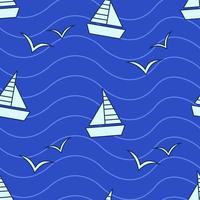 naadloze patroon van een witte zeilboot en meeuwen op een blauwe zee achtergrond met golven. vectorillustratie van een marien concept vector