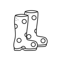 grappige rubberen laarzen met stippen, vectorillustratie van doodle cartoon stijl. waterdichte schoenen voor de tuin of regen. vector