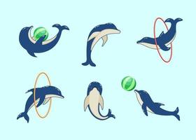 set cartoon dolfijnen in verschillende poses, vectorillustratie van zeedieren. geschilderde dolfijnen zwemmen en spelers in dolfinarium vector