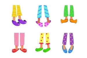 kindervoetjes in gekleurde pyjama's en grappige pantoffels. vectorillustratie van thuis slapende kleding en schoenen. het concept van een pyjamafeestje vector
