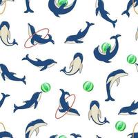naadloze patroon dolfijnen in verschillende poses, vectorillustratie van zeedieren. geschilderde dolfijnen zwemmen en spelers in dolfinarium vector