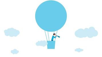 man met telescoop op hete luchtballon, zakelijke karakter vectorillustratie op witte achtergrond. vector