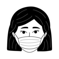 meisjesgezicht met medisch masker in krabbelstijl. vector