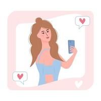 mooie jonge vrouw neemt selfie per smartphone. populaire mediablogger. vector