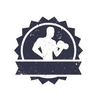 fitness badge met poseren atleet met barbell over wit, vectorillustratie vector