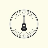 gitaar met vintage en badge stijl logo pictogram sjabloonontwerp. akoestisch, melodie, tekenreeks, vectorillustratie vector