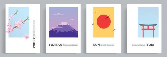 4 sets van Japanse reizen toerisme vector collectie. Sakura Blossom, Mount Fuji, Sunrise en Torii Shrine Gates in een minimalistische platte illustratiestijl. geschikt voor boekomslagen, posters, websjabloon