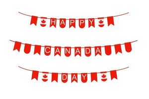 gelukkige feestelijke bunting voor canada day, witte achtergrond. bunting vlaggen met inscriptie happy canada day. rode en witte vlaggen met letters en Canadese esdoornblad vector