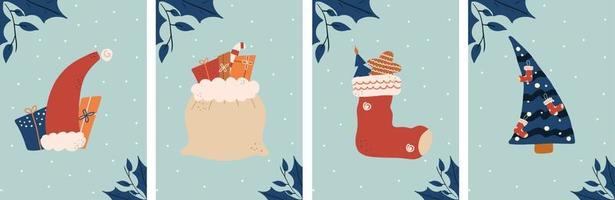set kerstkaarten. kerstboom, cadeauzakje, sok, pet. ontwerp sjabloon. vector illustratie