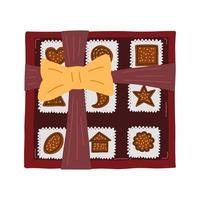 chocoladesuikergoed in een feestelijke doos. vector illustratie hand getekend in stijl