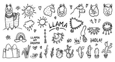 Lama handgetekende schets doodles cartoon vector illustratie set. schattige alpaca, dierenportretten, cactussen, bladeren, sieraden