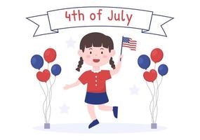 4 juli gelukkige onafhankelijkheidsdag usa vakantie cartoon afbeelding met vlag, ballon of schattige karakter mensen voor poster of achtergrond sjabloon vector