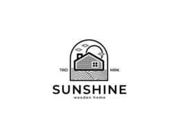 tuin houten huis en zon minimalistische illustratie logo vector