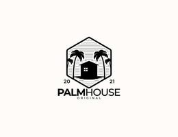 palmboom en huis zeshoekig logo vector
