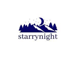 sterrennacht berg en pijnboom met maan logo concept vector