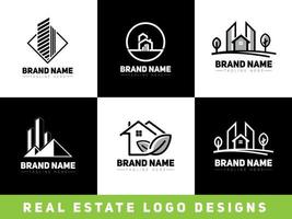 set van moderne onroerend goed bouw architectuur gebouw logo ontwerp met zwarte en witte kleuren voor zakelijk bedrijf vector