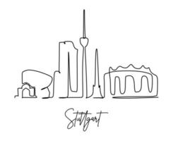 een doorlopende lijntekening stuttgart city skyline duitsland. mooie wolkenkrabber. wereld landschap toerisme reizen vakantie muur decor poster concept. stijlvolle enkele lijn tekenen ontwerp vectorillustratie vector