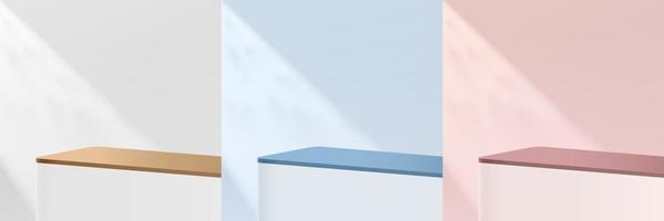 set van abstracte witte, roze, blauwe ronde hoek 3d sokkel of stand podium met schaduw. pastel minimale scènecollectie. moderne vector rendering geometrisch platform voor product display presentatie.