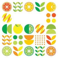 minimalistisch plat vectorframe in citrusvruchtensymbool. eenvoudige geometrische illustratie van sinaasappelen, citroenen, limonade en bladeren. abstract oranje ontwerp op witte achtergrond. goed voor posters of banners. vector