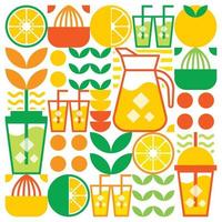 eenvoudige platte illustratie van abstracte vormen van citrusvruchten, citroenen, limonade, limoenen, bladeren en andere geometrische symbolen. vers sinaasappelsap ijsdrank icoon met glas, kruik, stro en plastic beker. vector